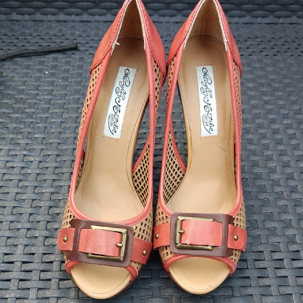Naughty Monkey Red and Tan Peep-Toe Heels